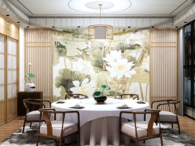 New Chinese Style Room Lotus Theme Box Zen Room Hotel Restaurant Room Round Dining Table and Chair Combination Background Wall Lotus Potted Plant model