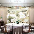 Elegant Private Dining Room Interior With Lotus Mural Round Table White Tablecloth And Wooden Chairs
