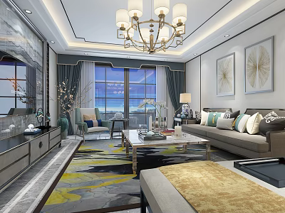 Modern Living Room Interior Design With Chandelier Large Windows And Decorative Paintings 3d model