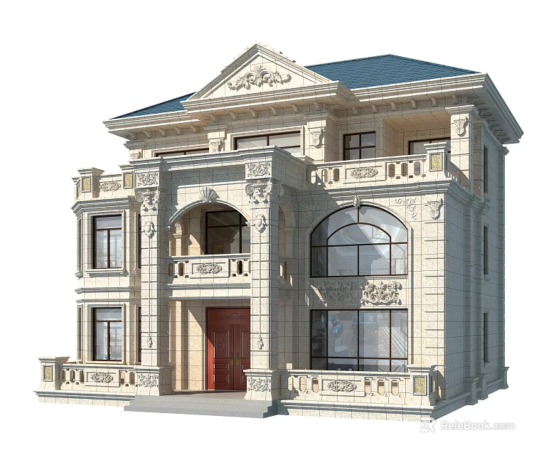 European Style Detached Villa With Elaborate Carvings Arched Windows Red Door And Balconies 3d model 
