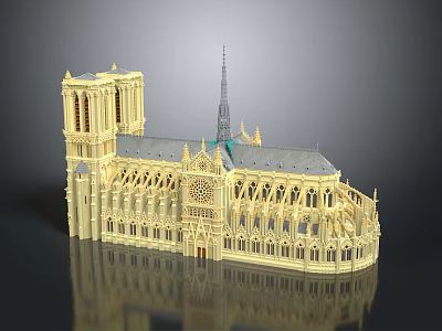 Cartoon Scene Notre Dame Cathedral Model Featuring Gothic Spire Towers And Intricate Windows 3d model