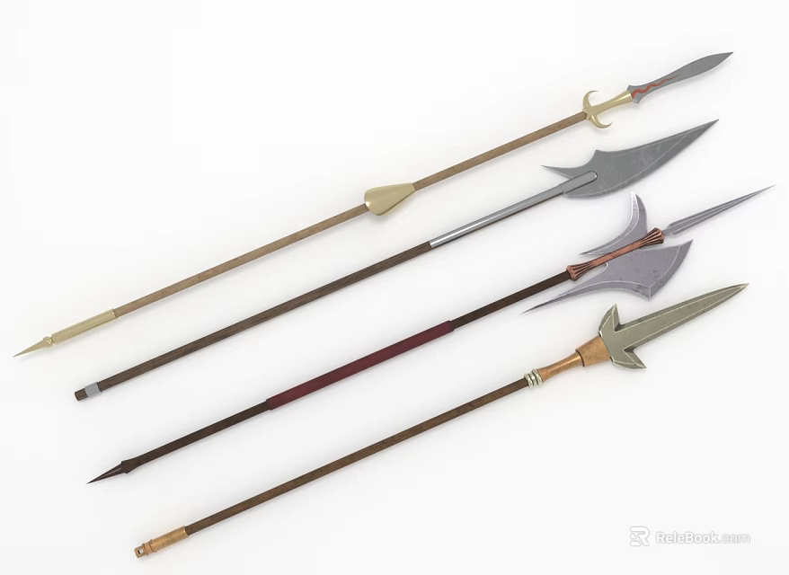Collection Of Medieval Spears With Decorative Metal Heads And Colored Shafts 3d model 