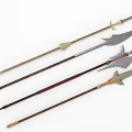 Collection Of Medieval Spears With Decorative Metal Heads And Colored Shafts