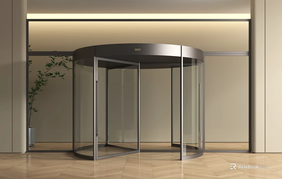 Modern Revolving Door Entrance With Glass Panels Metal Frame And Indoor Plant 3d model 