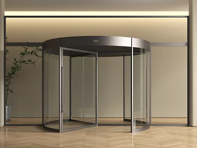 Modern Revolving Door Entrance With Glass Panels Metal Frame And Indoor Plant 3d model