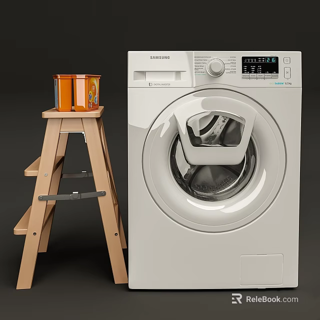 SAMSUNG Front Load Washing Machine With Wooden Step Stool And Orange Cans 3d model 