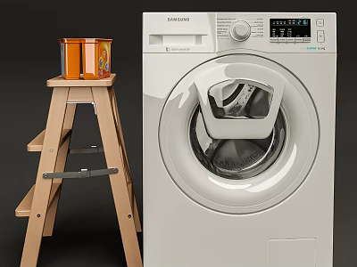 SAMSUNG Front Load Washing Machine With Wooden Step Stool And Orange Cans 3d model