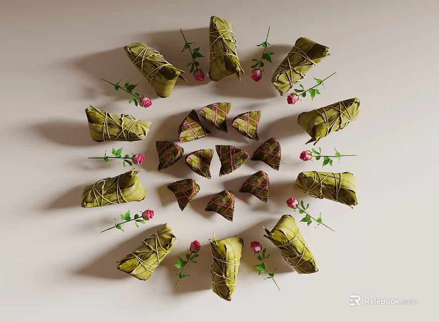 Traditional Glutinous Rice Dumplings Wrapped in Green Leaves with Pink Flowers and Green Branches 3d model 