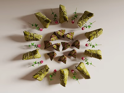 Traditional Glutinous Rice Dumplings Wrapped in Green Leaves with Pink Flowers and Green Branches 3d model
