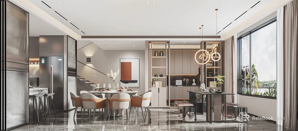 Modern Restaurant Interior Featuring Dining Table Chairs Pendant Lights Decorative Painting And Green Plants 3d model 