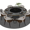 Modern Round Dining Table Set With Six Chairs Central Potted Plant And Tableware 3d model