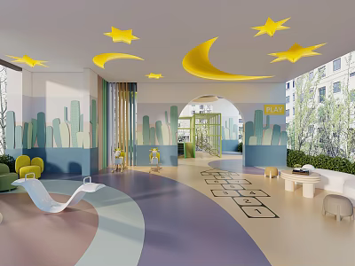 Vibrant Children's Activity Room With Star Moon Decor And Cactus Wall Murals 3d model