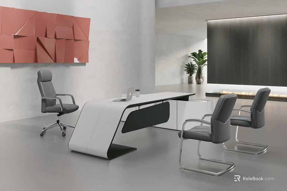 Modern Public Office Workspace With White Desk Gray Chairs Red Decorative Wall And Green Plants 3d model 