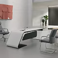 Modern Public Office Workspace With White Desk Gray Chairs Red Decorative Wall And Green Plants