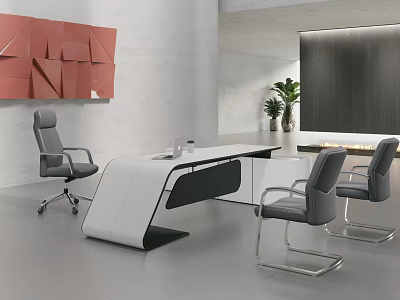 Modern Public Office Workspace With White Desk Gray Chairs Red Decorative Wall And Green Plants 3d model