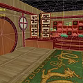 Cartoon Scene With Red Wooden Elements Round Door Carved Screen And Green Dragon Carpet