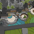 Traditional Modern Commercial Street With Circular Plaza Greenery And Stone Paved Paths