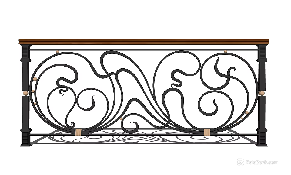 Wrought Iron Railing with Intricate Curved Patterns and Wooden Handrail Design 3d model 