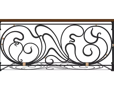 Wrought Iron Railing with Intricate Curved Patterns and Wooden Handrail Design 3d model