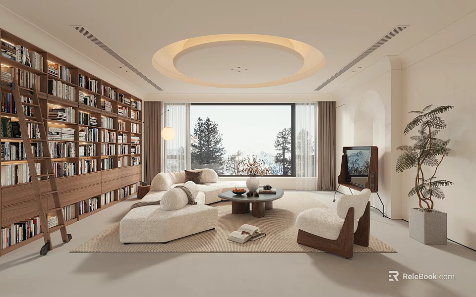 Modern Living Room Interior With White Sofa Wooden Bookshelf Round Ceiling Light And Large Window 3d model 