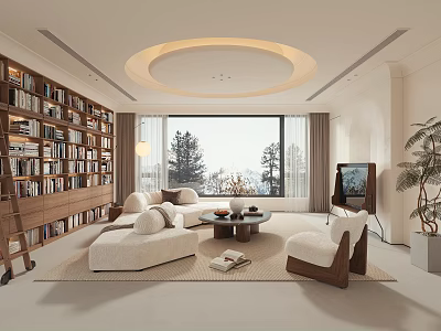 Modern Living Room Interior With White Sofa Wooden Bookshelf Round Ceiling Light And Large Window 3d model