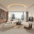 Modern Living Room Interior With White Sofa Wooden Bookshelf Round Ceiling Light And Large Window