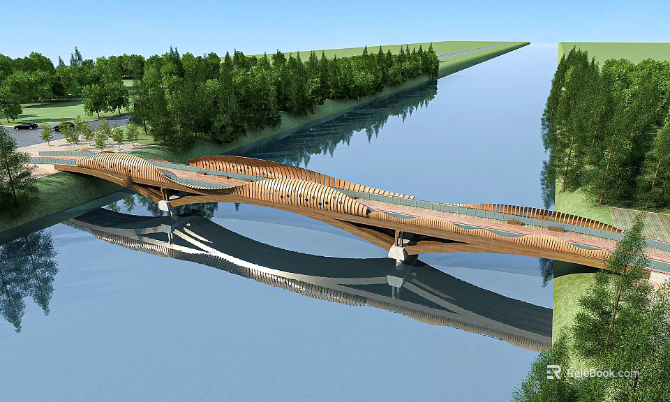 Modern Curved Bridge Over Scenic River With Green Trees Grass And Water Reflection 3d model 