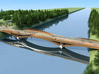 Modern Curved Bridge Over Scenic River With Green Trees Grass And Water Reflection 3d model