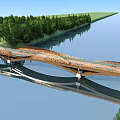 Modern Curved Bridge Over Scenic River With Green Trees Grass And Water Reflection