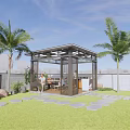 Outdoor Garden Pergola Design With Palm Trees Lawn And Stone Path