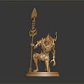 Golden Mythological Statue With Trident Horned Figure And Armored Design On Circular Base