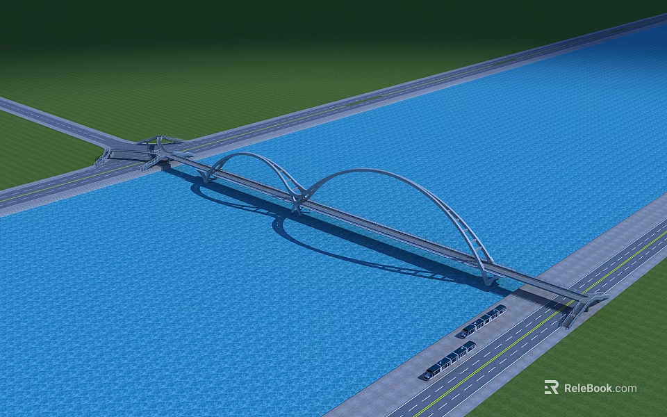 Modern Arch Bridge Structure Spanning Blue Waterway With Road Lanes Design 3d model 