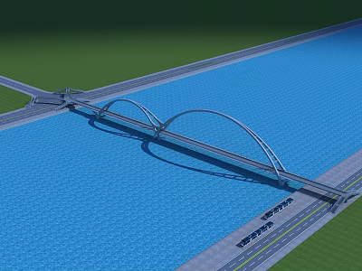 Modern Arch Bridge Structure Spanning Blue Waterway With Road Lanes Design 3d model