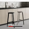 Modern Kitchen Bar Stools in Black and Silver with Wooden Cabinets and Marble Countertop