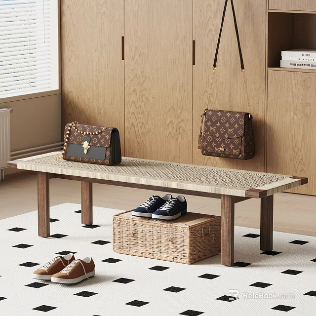 Wooden Bench With Woven Seat In Modern Entryway Featuring Brown Bags And Wicker Basket 3d model 