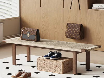 Wooden Bench With Woven Seat In Modern Entryway Featuring Brown Bags And Wicker Basket 3d model