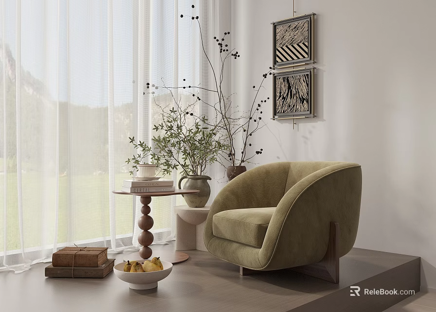 Modern Light Green Armchair with Small Round Table Books Vase Wall Art and Curtains in Cozy Setting 3d model 