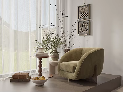 Modern Light Green Armchair with Small Round Table Books Vase Wall Art and Curtains in Cozy Setting 3d model