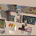Supermarket With Customers Shopping Carts Fresh Produce Shelves Grocery Items And Checkout Counter