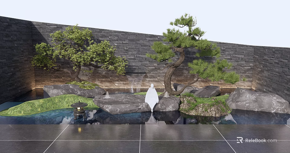 Karesansui Garden Design With Stone Wall Pine Trees Arranged Rocks And Water Feature 3d model 