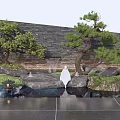 Karesansui Garden Design With Stone Wall Pine Trees Arranged Rocks And Water Feature