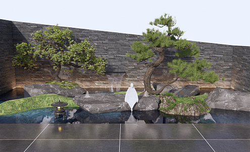 New Chinese style landscape sketch dry landscape courtyard landscape stone courtyard sketch pine 3d model