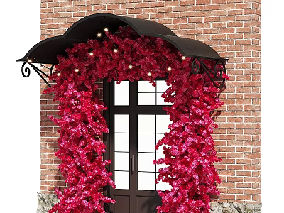 Black Door Awning With Red Flower Garlands And Decorative Lights On Red Brick Wall 3d model