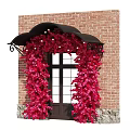 Black Door Awning With Red Flower Garlands And Decorative Lights On Red Brick Wall