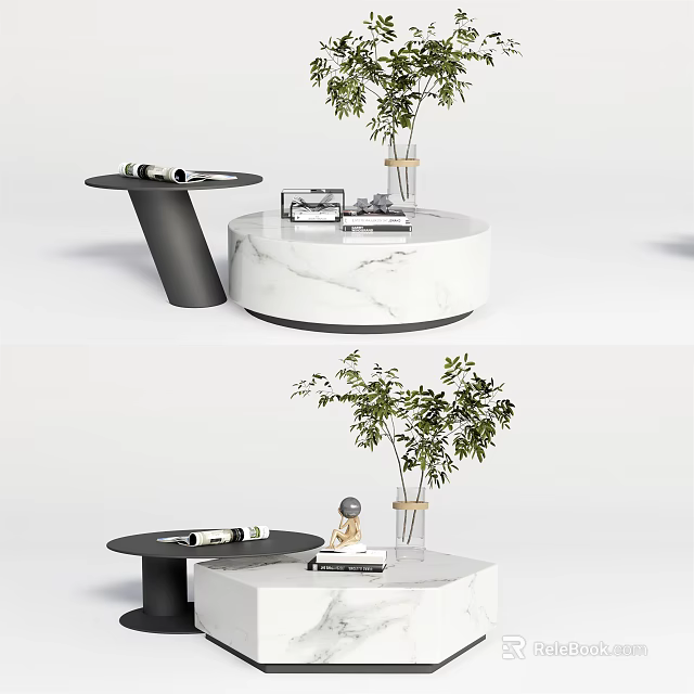 Modern Marble Coffee Table With Potted Green Plant Wine Bottles Books And Small Statue 3d model 