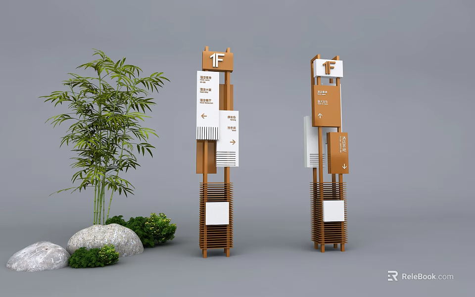 Decorative Garden Ornament Signposts With Bamboo Stones And Green Plants 3d model 