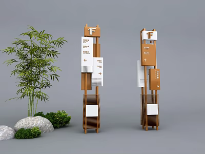 Decorative Garden Ornament Signposts With Bamboo Stones And Green Plants 3d model