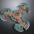Ornate Multi Bladed Decorative Weapon With Colorful Metallic Blades And Circular Center