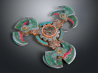 Ornate Multi Bladed Decorative Weapon With Colorful Metallic Blades And Circular Center 3d model