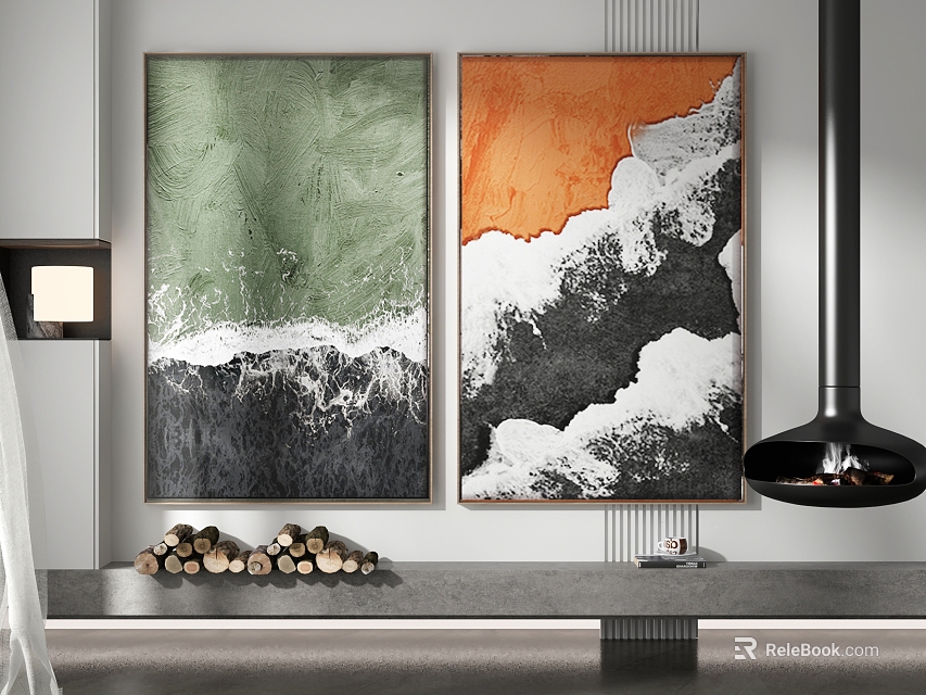 Abstract Paintings With Green Orange Colors And White Black Textured Design For Home Interior Decor 3d model 